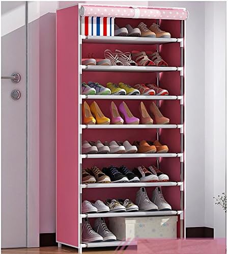 Luffar Simple-Assembling 8-Tire Shoe Storage Cabinet Large Capacity Shoe Rack Organizer with Non-woven Dustproof Cover (Pink dot)