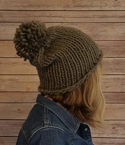 Womens Olive Green Chunky Knit Oversized Winter Bobble Beanie Hat