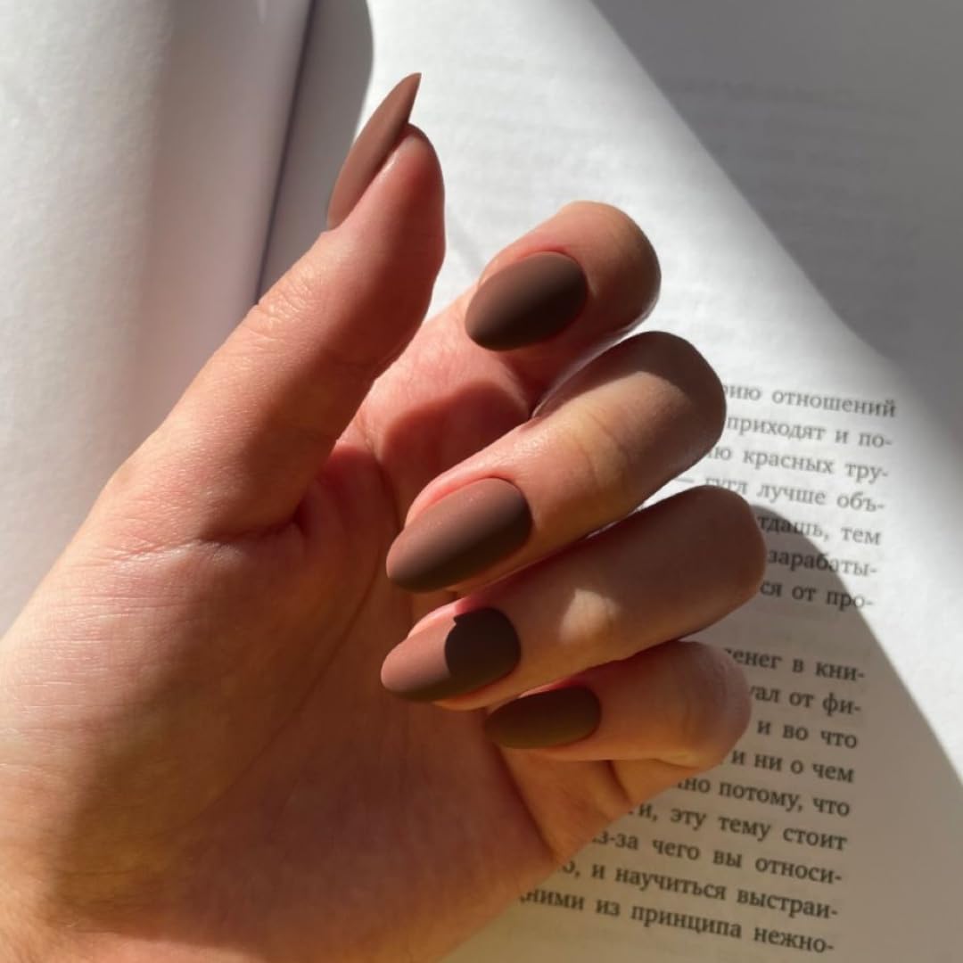 KQueenest Matte Brown Fall Press on Nails Short Oval, Short Fake Nails Press ons, Round Short Almond Glue on Nails For Women, Natural Acrylic Nails Solid Color for Daily Manicure