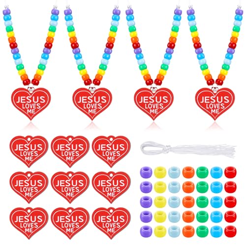 Ferreve 24 Sets Religious Beaded Necklace Crafts Kit DIY Jesus Loves Me Heart Bead Craft Bible Christian Necklace Making Kit Bulk for Sunday School Vbs Gifts Making