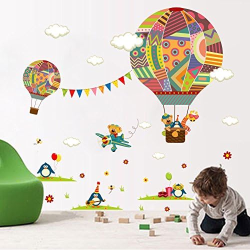 Colorful Hot Air Balloon Animal Nursery Room Wall Sticker Bear Giraffe Kids Rooms Classroom Cartoon Wall Decal Poster