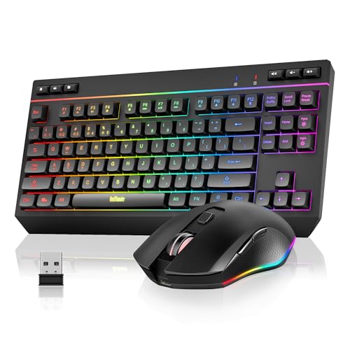 RedThunder K20 TKL Wireless Keyboard and Mouse Combo, Adjustable RGB Backlit Rechargeable Battery, Compact Layout Keyboard with Dedicated Multimedia Keys + Optical Mice for PC/Laptop(Black)
