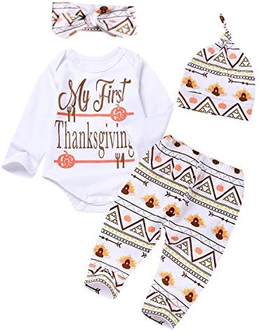 4Pcs Outfit Set 2018 New Baby Girls Boys My First Thanksgiving Bodysuit Turkey Print Pants with Hat and Headband