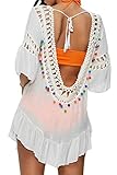 Avidwash Women's Crochet Coverup, Rainbow Tassels U Backless Beach wear for swimsuits bikini, white