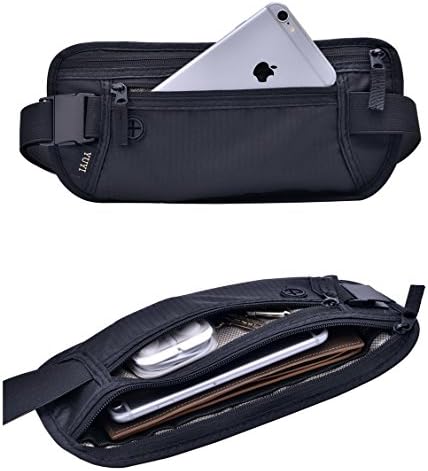 Money Belt, Running Belt, Hidden Security Pouch, Bumbag, Fanny and Waist Pack with RFID Blocking for Safe Travel against Theft, Black