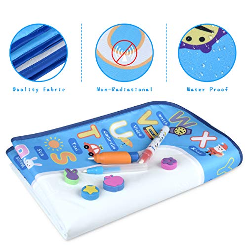 Water Doodle Mat,Extra Large Kid Magic Aqua Drawing Pad,Painting Board with 3 Pens,1 Magic Brush Accessories,Educational Toys Gifts for Boys Girls Toddlers 2 3 4 5 6 7 + Year Old Size 38.5"X 29.5"