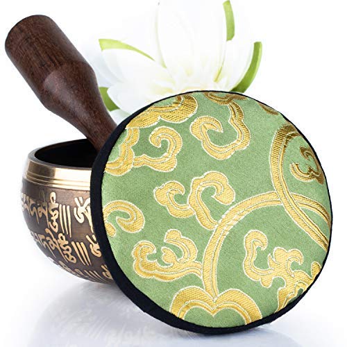Silent Mind ~ Tibetan Singing Bowl Set ~ Peace Mantra Design ~ With Dual Surface Mallet and Silk Cushion ~ Promotes Peace, Chakra Healing, and Mindfulness ~ Exquisite Gift