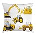 Lunarable Cartoon Throw Pillow Cushion Cover, Animation Inspired Heavy Machinery Drawing Construction Bulldozer Print, Decorative Square Accent Pillow Case, 16