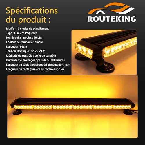 ROUTEKING 95 cm 80 LED Flashing Strobe Light Bar – 12 V/24 V Magnetic LED Beacon for Vehicle Car, Beacon with Magnetic Base (Amber)