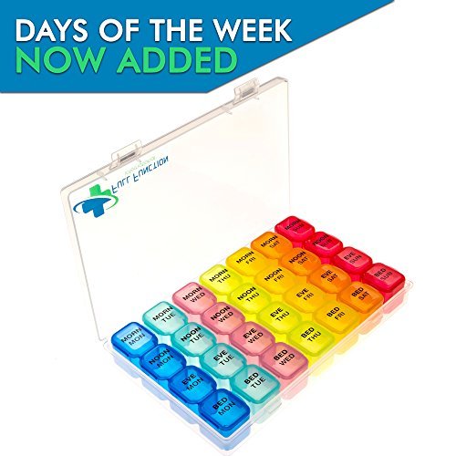[2018 Model] Small 7 Day Pill Box & 4 Times a Day Pill Organizer, Ideal for Your Weekly Prescription Medication Needs, with Days of The Week Labeled