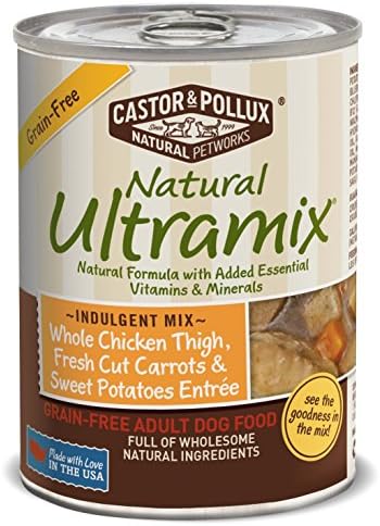Natural Ultramix Whole Chicken Thigh, Fresh Cut Carrots &amp; Sweet Potatoes Entree Grain-Free for Adult Dogs, 13.2-Ounce Cans, Pack of 12 cans