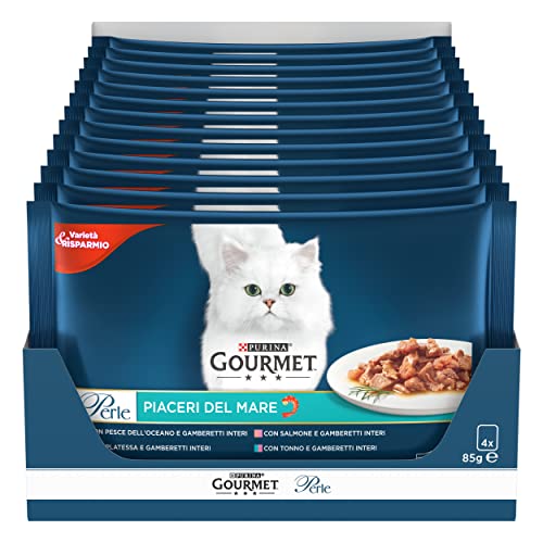Gourmet Perle Food for the Cat, Pleasures of the Sea with Salmon, Plaice, Tuna and Fish of the Ocean, 4 X 85 G – Pack of 12