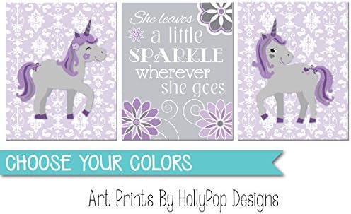 Purple gray nursery art, baby girl nursery, Unicorn nursery decor, Unicorn art prints, She leaves a little sparkle, Unicorn nursery wall art, Girl quotes - SET OF 3 UNFRAMED ART PRINTS #1534