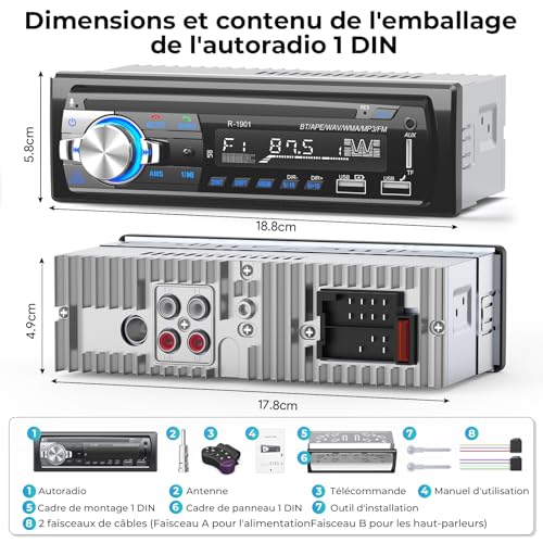 RDS Bluetooth Car Radio, CENXINY Bluetooth Car Radio, FM Car Radio, 1 DIN, 2USB, Charge 2.1 A, Aux-in, Micro SD Support iOS, Android