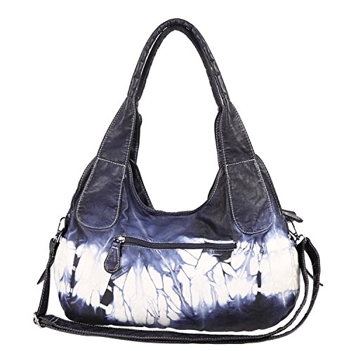 Angelkiss Women Multiple Pockets Purses and Handbags Washed Leather, Two Top Zippers Closure, Deep Blue - Thumbnail 3