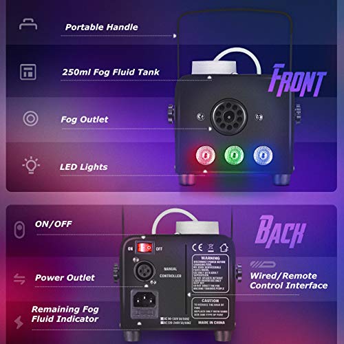 TOPELEK Fog Machine, 500W Effect Machine with 3-color LED Lights, Compact Portable Smoke Machine with Wireless Remote Control for Christmas, Halloween, Wedding, party, Stage Performance, Black