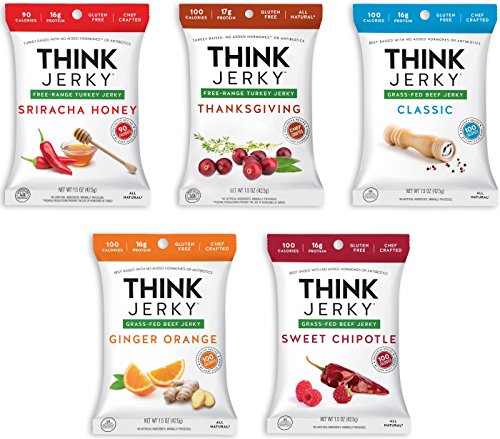 Think Jerky Grass-Fed Beef and Free-Range Gluten Free Turkey Jerky Variety, 1.5 oz, Pack of 5 - Variety Pack