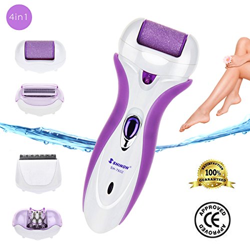 Promama 4-in-1 Replaceable Rechargeable Electric Callus Remover Pumice Stone Rollers Epilator and Hair Clipper Hair Shaver Exfoliates Dead Skin
