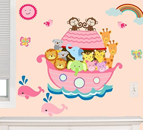 Decal the Walls Noah's Ark Wall Animal 100% Woven Fabric Decal, Pink Nursery, Kids Room Decor Great Gift