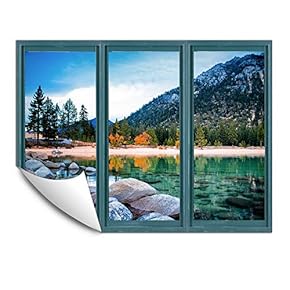 Wall Murals for Bedroom Fake Window Beach Blue Window Removable Wallpaper Peel and Stick Wall Stickers - 24x32 inches