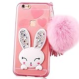 Sunroyal iPhone 6S plus/ iPhone 6 plus 5.5" Soft Transparent TPU 3D Cute Cartoon Rabbit(Bunny) [Bling Diamond Ear] Silicon Case with Hairball Pompon Hand Strp-Pink