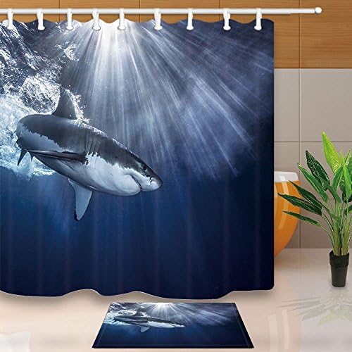 Oceanic Shower Curtain Shark Jaws Swimming Sea Spray sunlight Irradiate 180X180CM Mildew Resistant Shower Curtain Set With 60x40cm Flannel Non-Slip Floor Doormat Bath Rugs