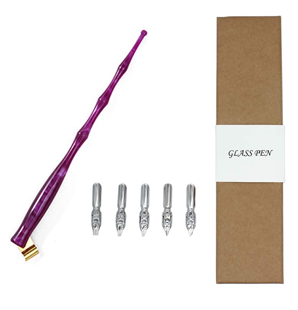 Hillento Resin Calligraphy Nib Pen Point Holder, Oblique English Calligraphy Pen Nib Holder with 5 Flat Nibs, Purple