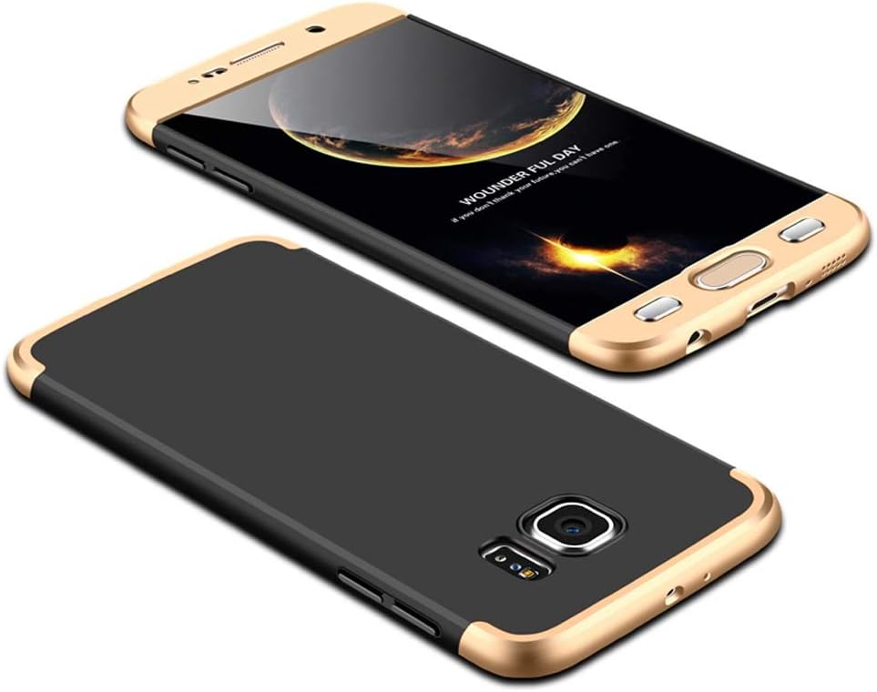 cmdkd case Compatible for Samsung Galaxy S6,360 Degree Protection 3 in 1 Slim PC Cover Shockproof Shell Full Body Coverage Hard Protective Case + Tempered Glass Screen Protector. Gold Black