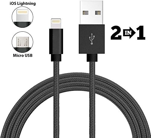 2 in 1 Lightning and Micro USB Charging Cable Nylon Braided Durable MutiDevice Charging for All iPhone and Android charger 3FT Black (BLACK)