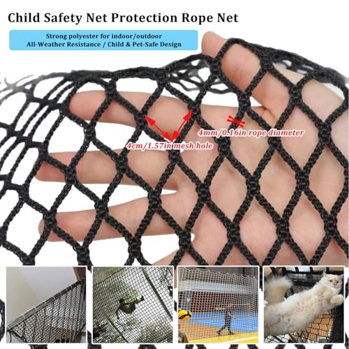 LJBD Heavy Duty Protective Net for Child Cats, Anti-Fall Safety Net - Polyester for Stairs, Balconies, Fences, Terraces, Pets for Cars (Size: 2 x 5 m (7 x 16 ft), Colour: Black