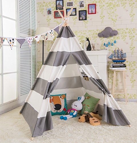 AniiKiss 6' Kids Play Teepee Children Tipi Giant Canvas Play Tent - one Window (Grey white Stripes)