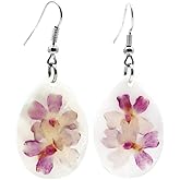 WELANC Mother of Pearl Drop Earrings for Women, Real Pressed Flower in Resin, Teardrop Shell Base, Silver Plated Hooks, Handmade Natural Floral Jewelry, Birthday Gift for Her