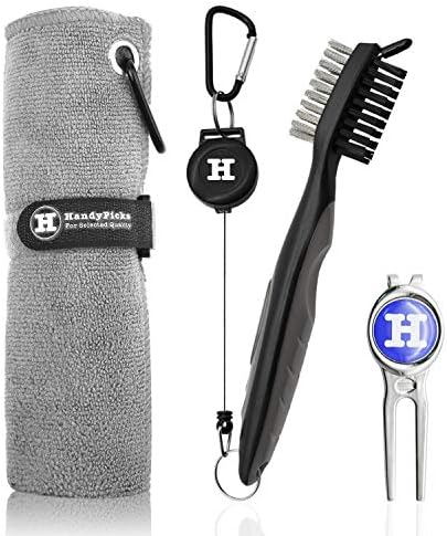 Handy Picks Microfiber Golf Towel (16″ X 16″) with Carabiner, Club Brush, Golf Divot Repair Tool with Ball Marker – Golf Accessories, Ideal for Golfers 3 in 1 Golf Cleaning Kit