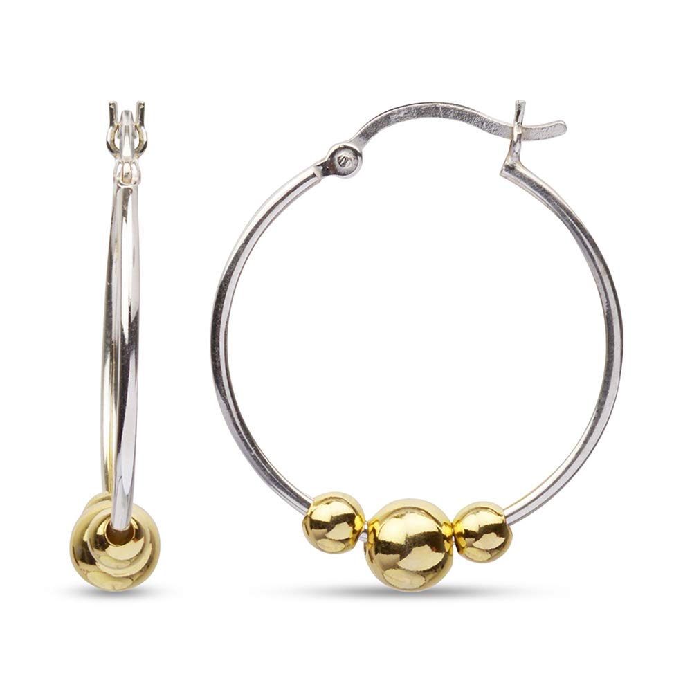 LeCalla Sterling Silver Jewelry Gold-Plated Dainty Bead Hoop Earrings for Teen