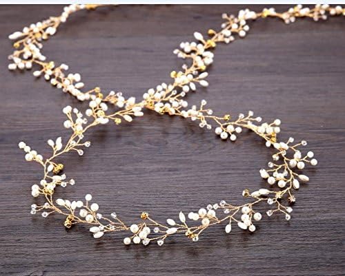 Tsuen Bridal Hair Vines Crystals Wedding Headpieces, 20 Inches Handmade Crystal Pearl Wedding Evening Party Headpiece Head Band Bride Wedding Hair Accessories for Bridesmaid and Flowergirls, Gold