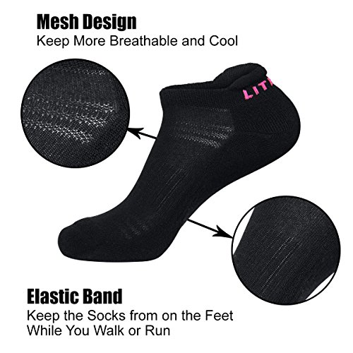 LITERRA Women’s 6 Pack Hidden Athletic Cushion Single Tab Running Socks No Show Sport Seamless Toe Sock (Black)