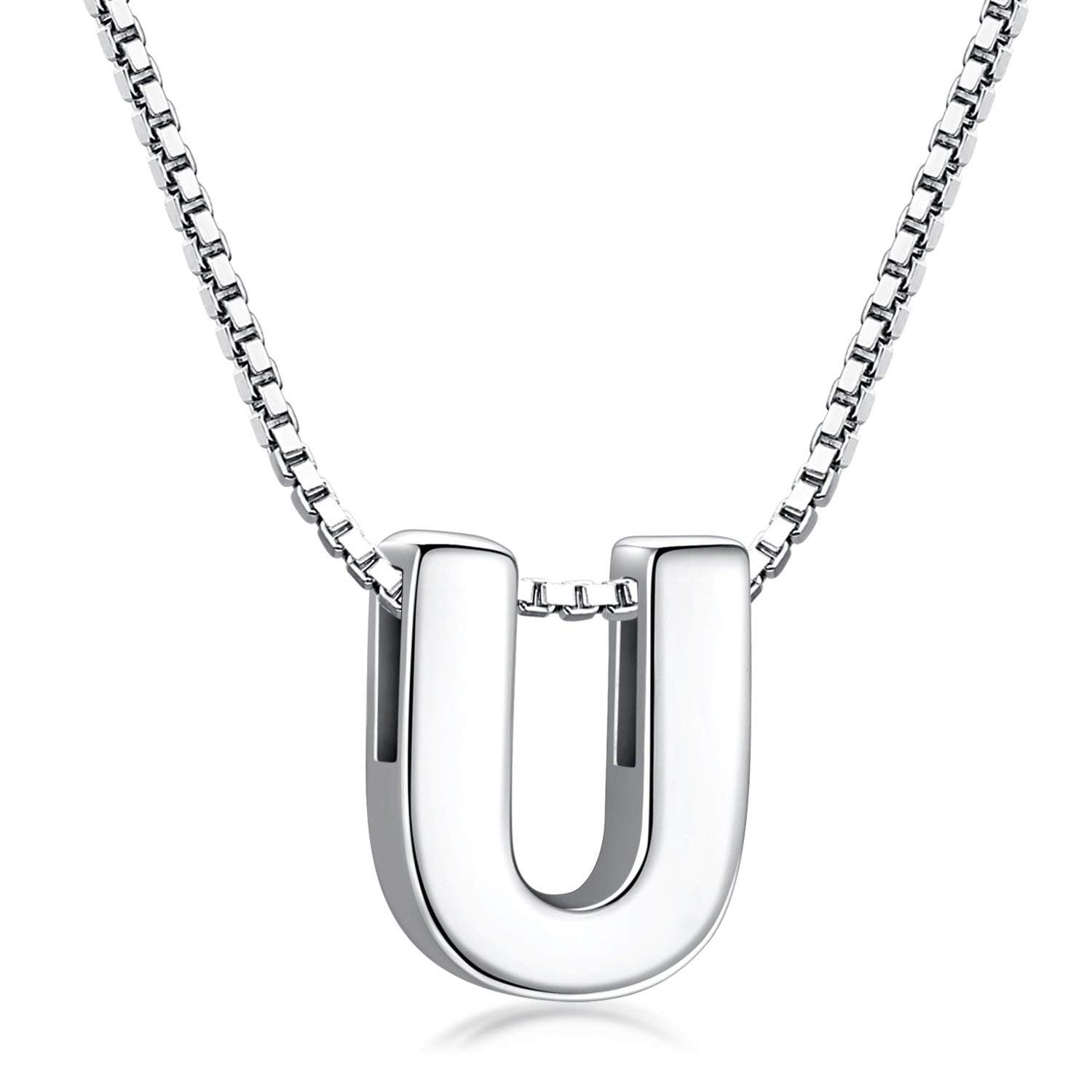 Candyfancy 1.0mm 18 inch 925 Sterling Silver 26 Small Letters Alphabet A-Z Initial Pendant Box Chain Necklace (U with Chain) — image 1