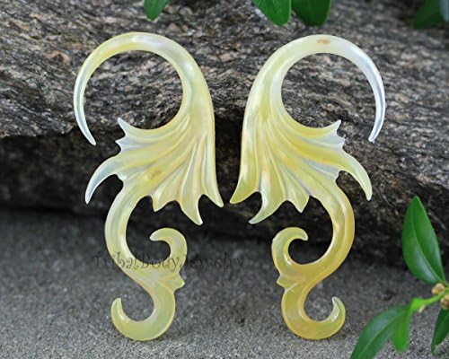Golden Mother of Pearl Balinese Tribal Body AAA Gold Shell Carving Earring Pair 6 Gauge 6G 6ga