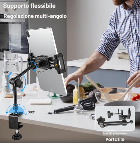 woleyi Tablet Stand Kitchen Desk [Suitable for Table and Mobile] Tablet Stand with Adjustable Metal Arm for iPad Pro 12.9 Air Mini, Galaxy Tab Ultra, Switch, 6-14.6 Inches