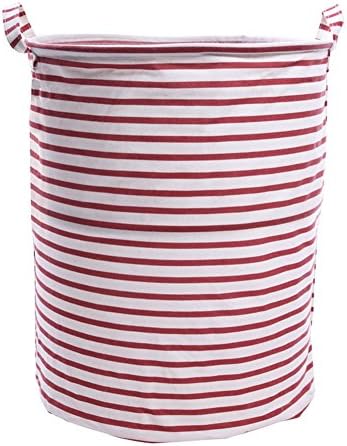 Folding Cylindric Burlap Canvas Laundry Hamper Bucket Storage Bag Toy Organizer Reusable Space Saver Bags (40cm*50cm, Red Striped)