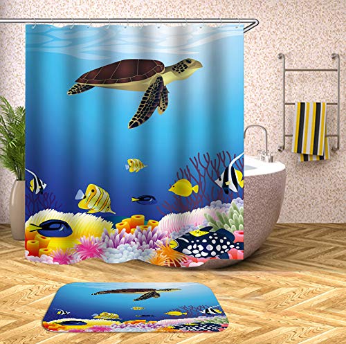 True Holiday Shower Curtain Fabric Polyester Waterproof Mildew Resistant Antibacterial Shower Curtain Liner with 12 Curtain Hooks 180cm*180cm Underwater world