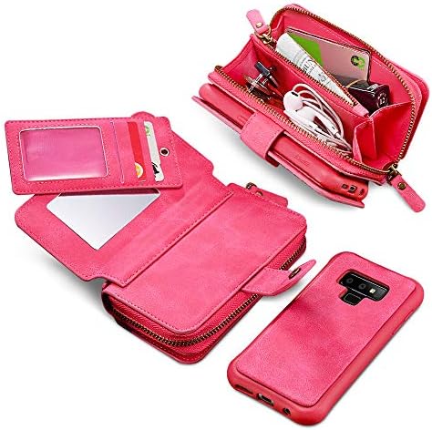 JGOO Galaxy Note 9 Case, 2 in 1 PU Leather Huge Capacity 10 Card Slots Detachable Wallet Case,[Hidden Mirror & Zip Bag] Magnetic Separable TPU Back Cover for Samsung Galaxy Note 9,Rose Red