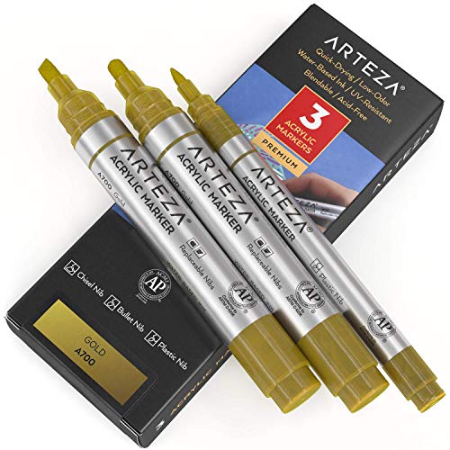 Arteza Acrylic Paint Markers, Pack of 3, A700 Gold, 2 Thick (Chisel