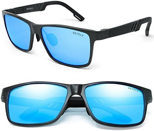 REVOLV Polarized Men's Sunglasses with Adjustable Aluminum Frame 146mm for Medium / Wide Faces (Matte Black Frame / Blue Mirror Lens)