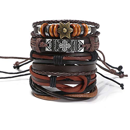 flintronic® Lederarmband, 4 Stück Geflochtene Armband Set, Lederarmband Geflochten Punk Rock Stil Größe Verstellbar für Männer & Frauen – Bild 6