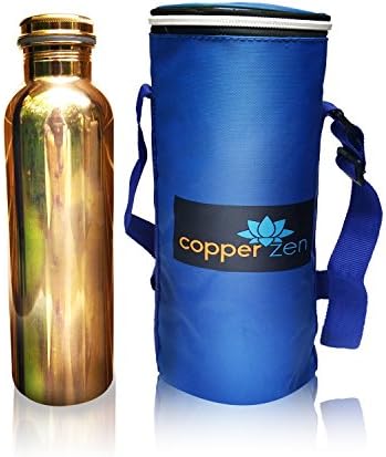 CopperZen 100% Pure Copper Water Bottle, Premium Ayurvedic Health Benefits, Leak Proof, with Insulated Travel Storage Bag & Adjustable Strap (Blue)