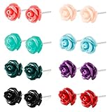 Charisma 8 pairs Stainless Steel Synthetic Turquoise Rose Stud Earrings for Girls Women Assorted Color Earring Set, 6mm