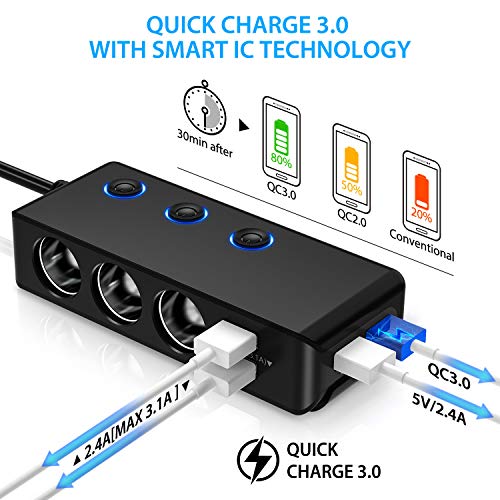 [Quick Charge 3.0] 3-Socket Cigarette Lighter Adapter, 120W 12V/24V Car Power DC Outlet Splitter with 8.5A 4 USB Charging Ports Car Charger (Black)
