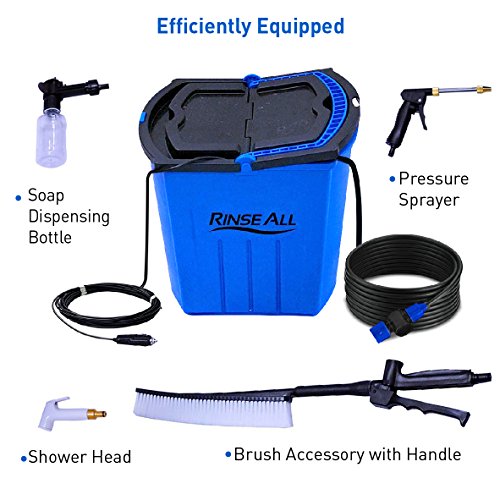 Rinse All EW10 â€“12V Powered Car Washer Kit - 7 Gallons Portable High Pressure Camping Shower - Car or Pet Washer with easy Twist On Off Flow Shower Head-12.5 ft Hose and Accessories