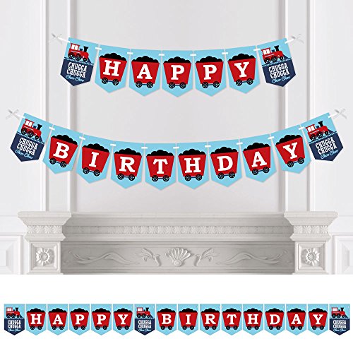 Big Dot of Happiness Railroad Party Crossing - Steam Train Birthday Party Bunting Banner - Birthday Party Decorations - Happy Birthday